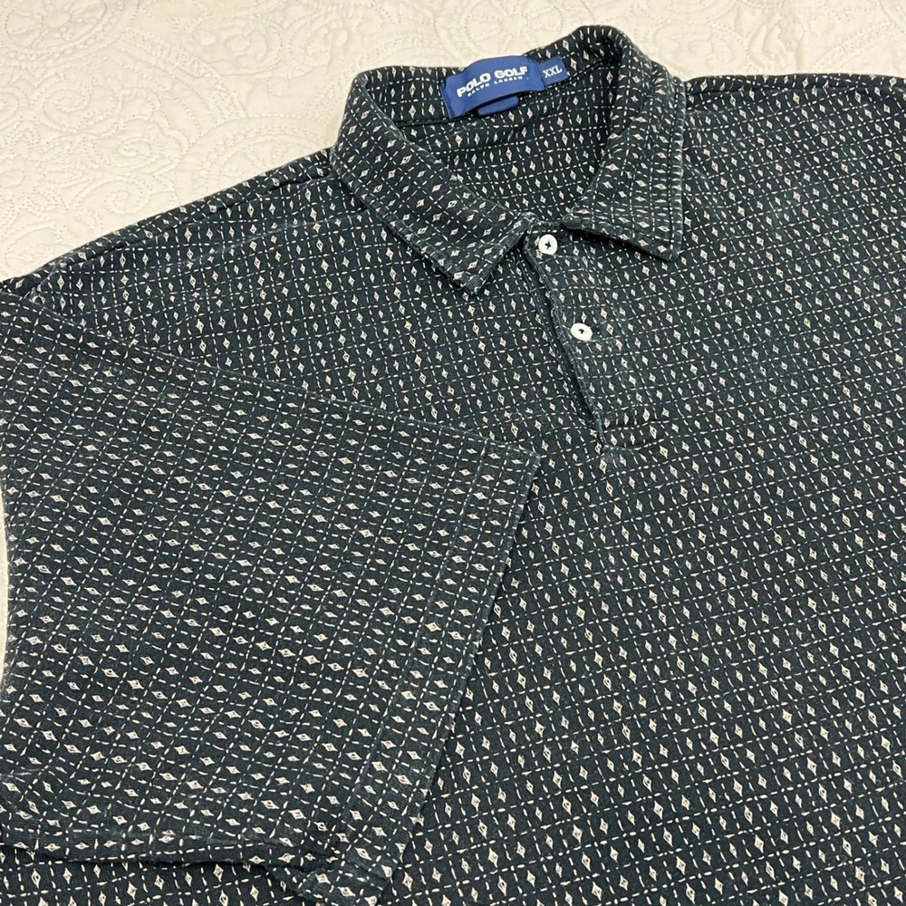 Polo‎ Golf Ralph Lauren Mens XXL Black Linen Blend Geometric Diamond Polo Shirt
